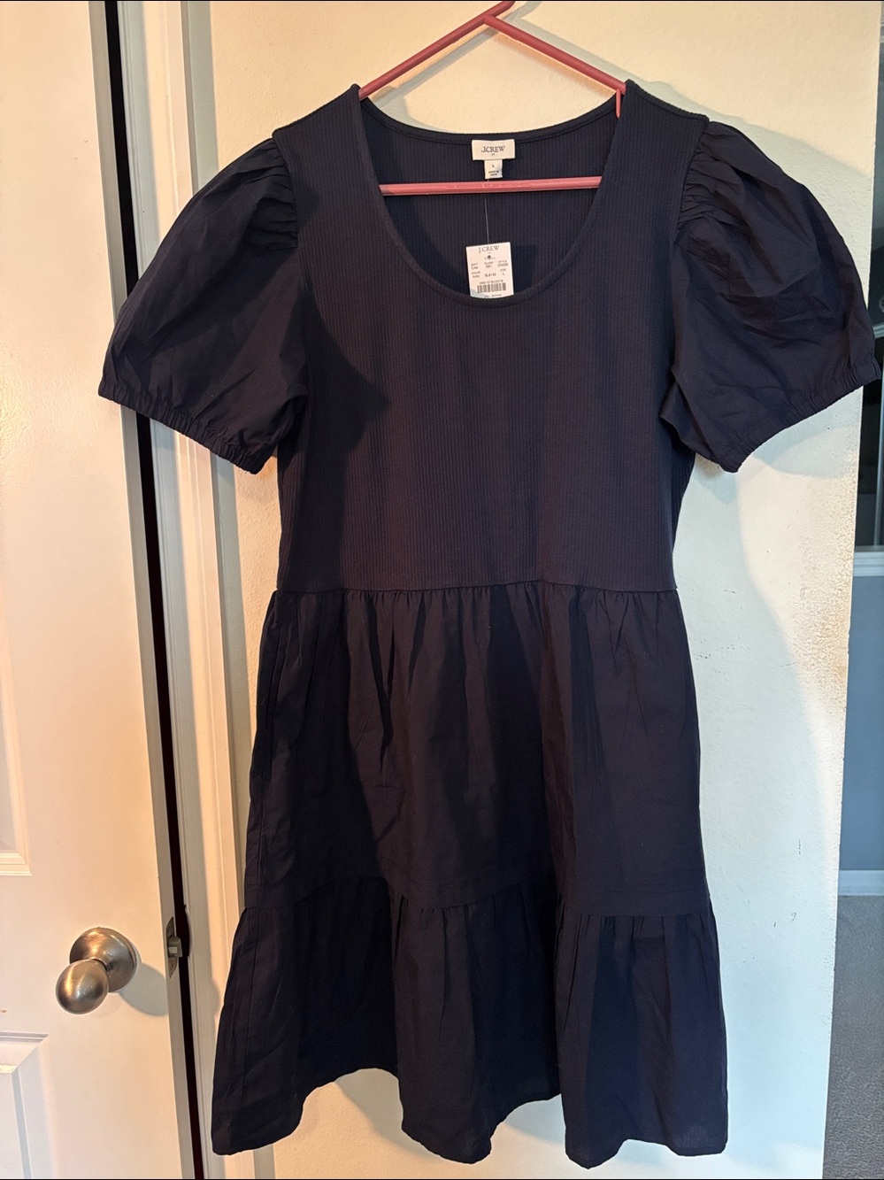 J. Crew Navy Puff-Sleeve Tiered Knit Dress